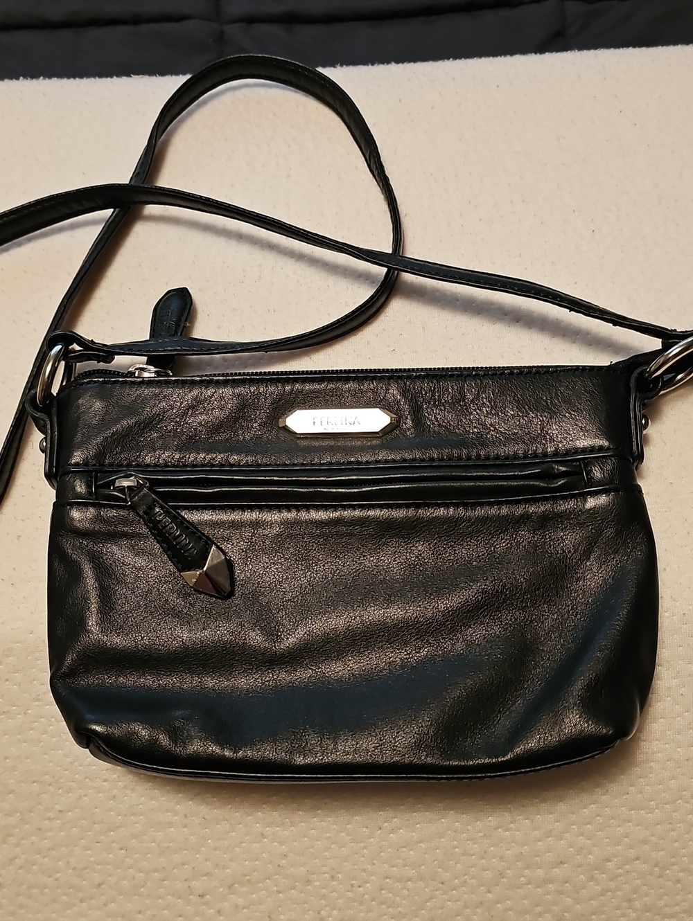 Perlina Black Genuine Leather Crossbody Bag 9.25" wide X 6.5" tall X 1.6" deep